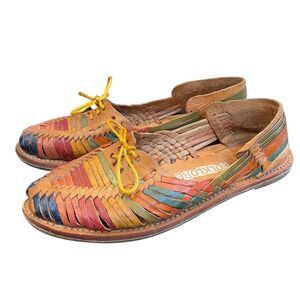 Vtg Woven Leather Mexican Sandals Huaraches Women 8 Shoes Colorful Boho Tie